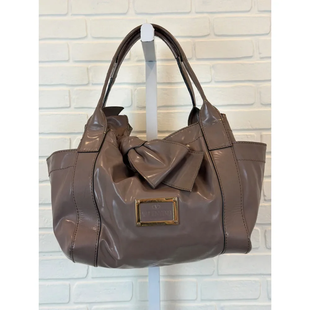 Valentino Garavani Bow Tote Taupe Patent Leather Shoulder Bag